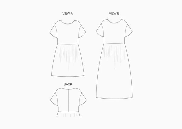 line drawing of Fawn Dress Set Sewing Pattern - Versatile Dresses with Pockets in Two Bodice Styles