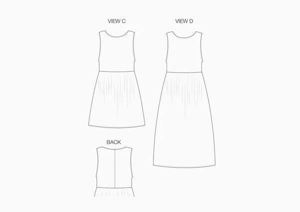 line drawing of Fawn Dress Set Sewing Pattern - Versatile Dresses with Pockets in Two Bodice Styles