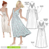 Livvy Woven Dress sewing pattern, featuring a crossover bodice sundress with fitted waist, shirred back, full skirt, and mid-calf length, suitable for cotton, rayon, silk, or lightweight linen fabrics.