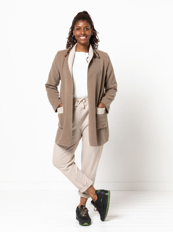 Loren Jacket sewing pattern, featuring an essential three-quarter length design with a slim shawl collar and optional pockets, suitable for wool, linen, ponte, crepe, faux fur, sweater knit, or lurex fabrics.