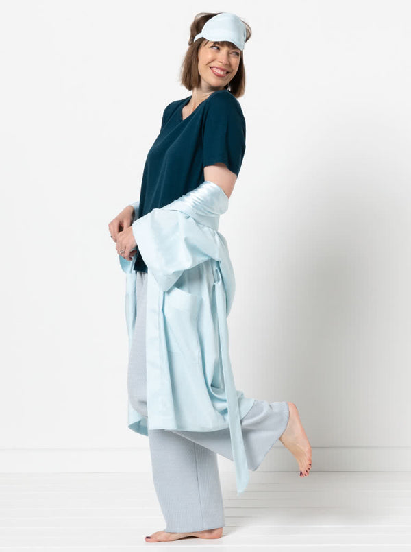 Loungewear Kimono/Robe sewing pattern, featuring a traditional robe with patch pockets and tie belt, ideal for silk, lawn, flannelette, cotton, rayon, or linen fabrics.