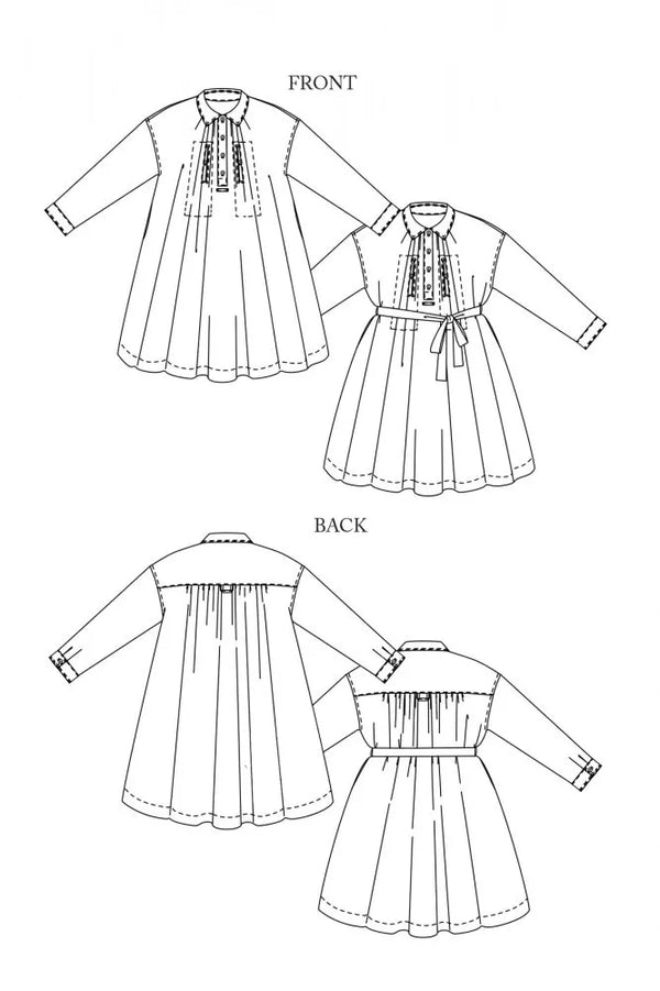 Sewing pattern of the The Cawley Sewing Pattern by Merchant & Mills – modern artist’s smock with welt pockets and belt diagram of a dress with front and back views on a white background