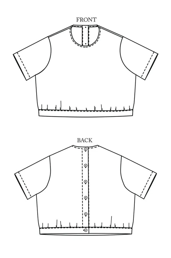 Line drawing of a The Celeste Sewing Pattern by Merchant & Mills – feminine blouse with back buttons and gathered waist
