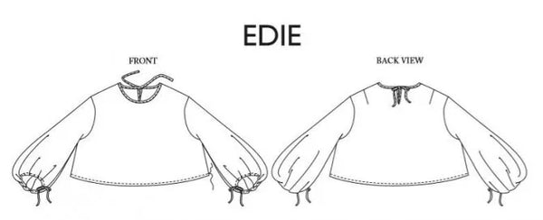Line drawing of a blouse with front and back views labeled 'EDIE'.