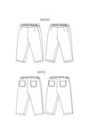 Technical drawing of pants made using The Eve Trouser Sewing Pattern by Merchant & Mills – cropped tapered trousers with side zip and pleats showing front, back, and side views on a white background.