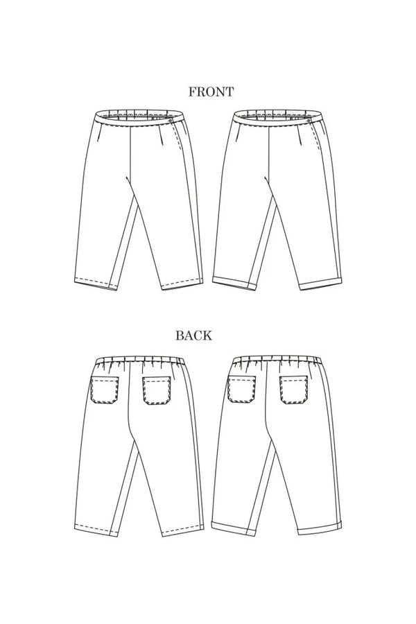 Technical drawing of pants made using The Eve Trouser Sewing Pattern by Merchant & Mills – cropped tapered trousers with side zip and pleats showing front, back, and side views on a white background.