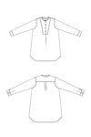 Technical drawing of a The Niven Sewing Pattern by Merchant & Mills – oversized shirt or shirt-dress with bib, grandad collar and cuffs