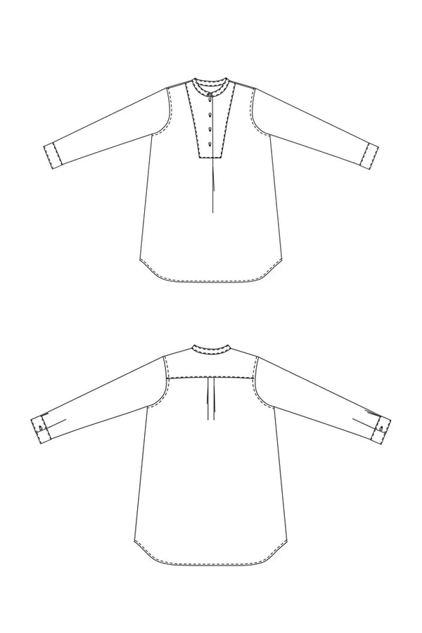 Technical drawing of a The Niven Sewing Pattern by Merchant & Mills – oversized shirt or shirt-dress with bib, grandad collar and cuffs