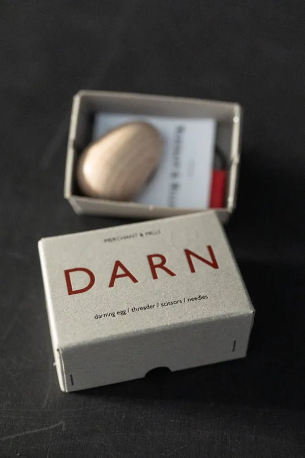 Merchant & Mills Darn Box with darning egg, scissors, needles, and threader for garment repair