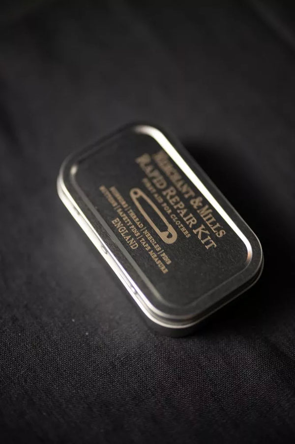 Merchant & Mills Rapid Repair Kit in silver tin with sewing essentials for quick garment fixes