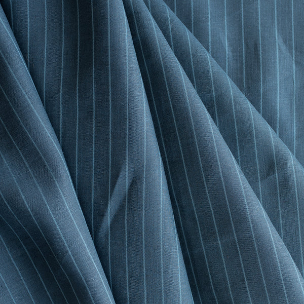 Midnight Stripe Linen Blend Fabric – navy blue base with dark blue stripes, lightweight 135 GSM