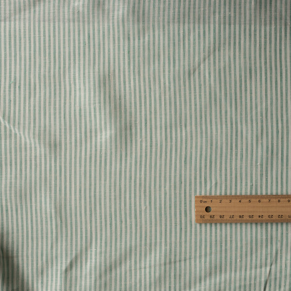 Mint Stripes Linen Fabric – yarn-dyed mint green stripes on ivory-white base, 100% linen