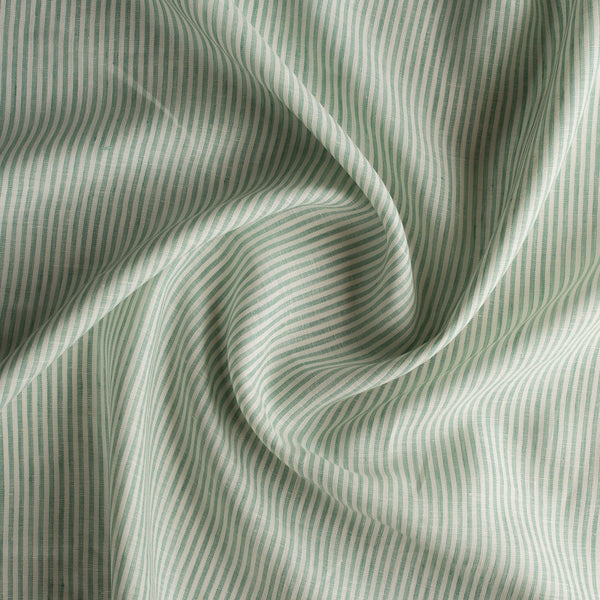 Mint Stripes Linen Fabric – yarn-dyed mint green stripes on ivory-white base, 100% linen