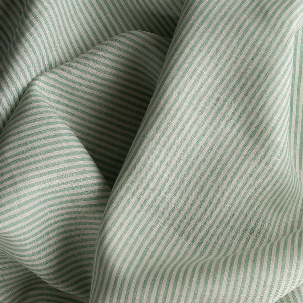 Mint Stripes Linen Fabric – yarn-dyed mint green stripes on ivory-white base, 100% linen
