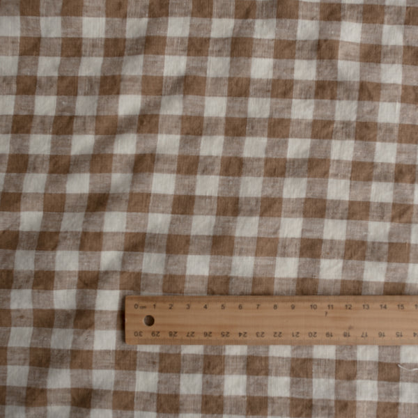 Mocha Gingham 100% Linen Fabric with 1.25cm checks in mocha and off-white – extra wide, European Flax™ certified