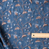 Moonlit Vines Embroidered Linen – lightweight deep teal-navy linen with gold and blue floral embroidery