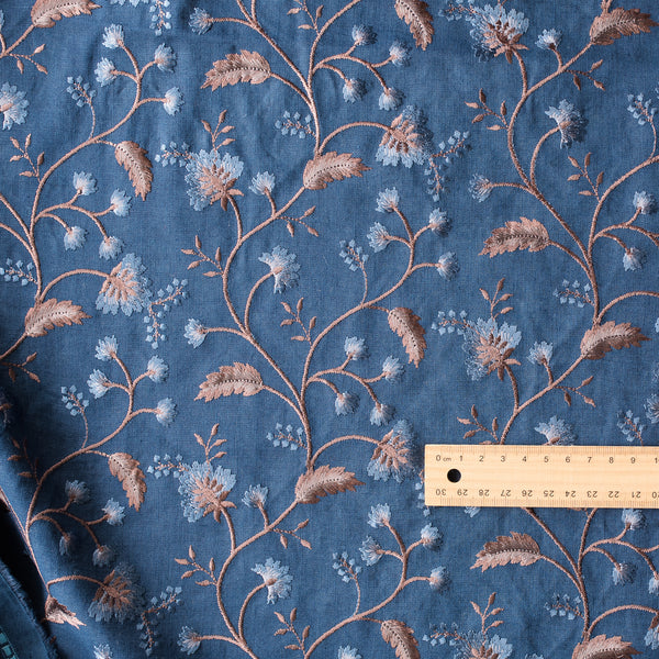 Moonlit Vines Embroidered Linen – lightweight deep teal-navy linen with gold and blue floral embroidery