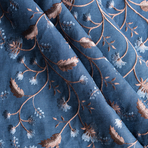Moonlit Vines Embroidered Linen – lightweight deep teal-navy linen with gold and blue floral embroidery