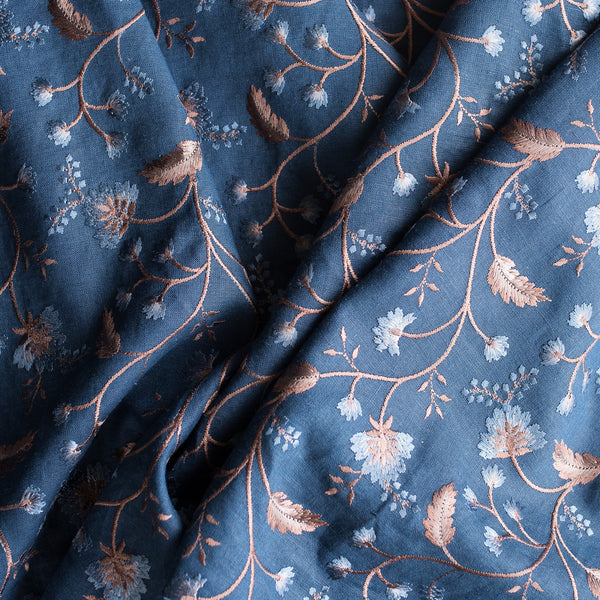 Moonlit Vines Embroidered Linen – lightweight deep teal-navy linen with gold and blue floral embroidery