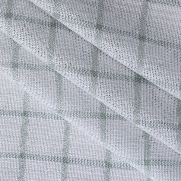 Mossy Grid linen-cotton blend fabric with a white base and moss-colored grid, lightweight and sheer with a loose weave.