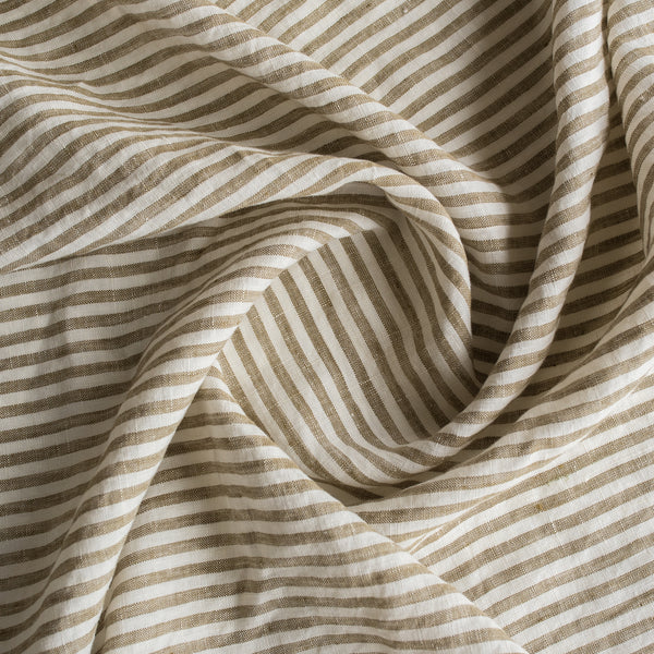 Olive Stripe 100% Linen Fabric with 0.5cm yarn-dyed stripes in olive green and off-white – extra wide, European Flax™ certified
