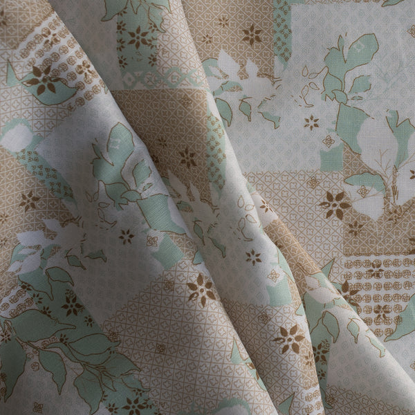 Ornate Harmony Linen Blend Fabric – geometric & floral pattern in earthy moss, aqua & olive tones, lightweight 140 GSM