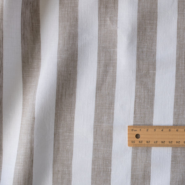 Pebble Lane 100% Linen Fabric – jumbo yarn-dyed stripes in taupe and white