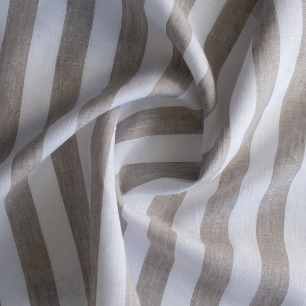 Pebble Lane 100% Linen Fabric – jumbo yarn-dyed stripes in taupe and white
