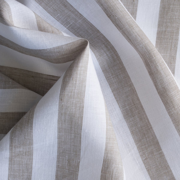 Pebble Lane 100% Linen Fabric – jumbo yarn-dyed stripes in taupe and white