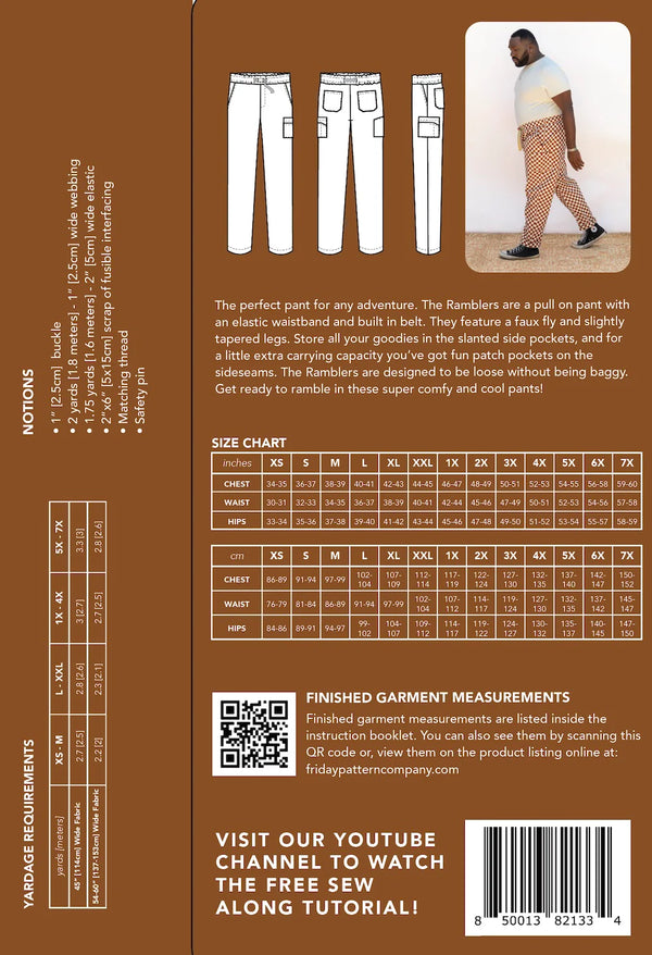 Back cover of Rambler Pants Sewing Pattern – pull-on elastic waistband, built-in belt, tapered leg, XS-7X