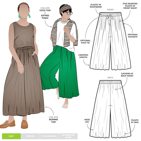 Reeve Woven Culotte sewing pattern – wide-leg cropped pants with elastic waistband, inseam pockets, and hem pleats