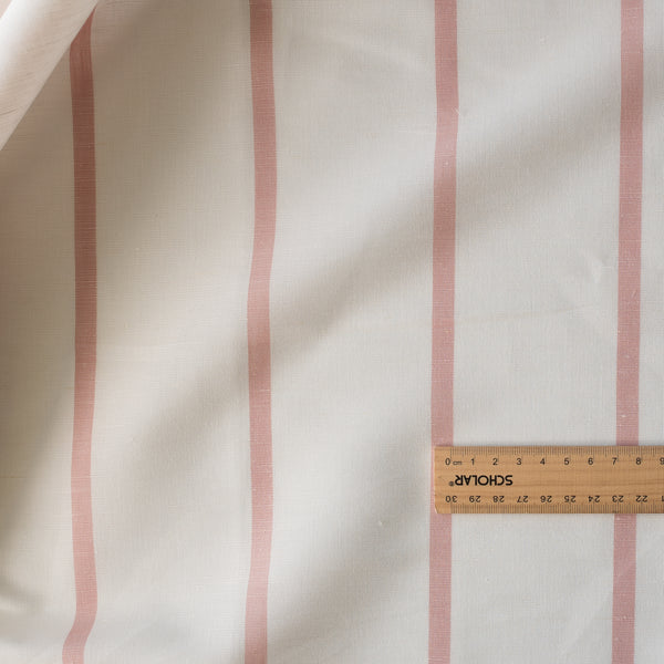 Rosewood Stripe Yarn-Dyed Linen Blend Fabric – neutral base with soft dusty pink stripes, lightweight 125 GSM