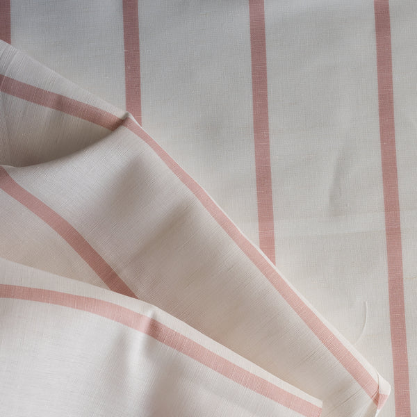 Rosewood Stripe Yarn-Dyed Linen Blend Fabric – neutral base with soft dusty pink stripes, lightweight 125 GSM