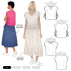 Fashion design illustration with two models wearing Rumi Top Sewing Patternt outfits and a diagram of a top with various neck and side options.