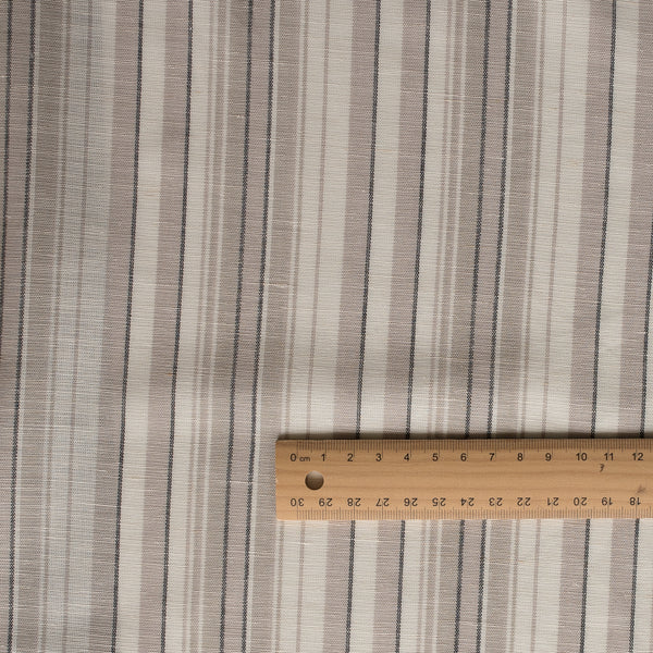 Rustic Charm Yarn-Dyed Linen Blend Fabric – striped beige, cream, pale rose pink & black, lightweight 132 GSM
