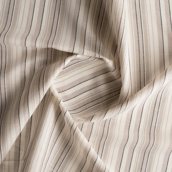 Rustic Charm Yarn-Dyed Linen Blend Fabric – striped beige, cream, pale rose pink & black, lightweight 132 GSM