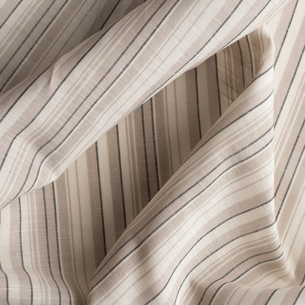 Rustic Charm Yarn-Dyed Linen Blend Fabric – striped beige, cream, pale rose pink & black, lightweight 132 GSM