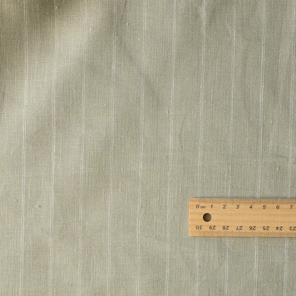 Sage Pinstripe Yarn-Dyed 100% Linen Fabric – pale green with white pinstripes, medium weight 175 GSM, fine 40 LEA weave
