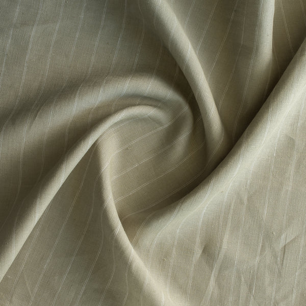 Sage Pinstripe Yarn-Dyed 100% Linen Fabric – pale green with white pinstripes, medium weight 175 GSM, fine 40 LEA weave