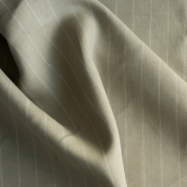 Sage Pinstripe Yarn-Dyed 100% Linen Fabric – pale green with white pinstripes, medium weight 175 GSM, fine 40 LEA weave