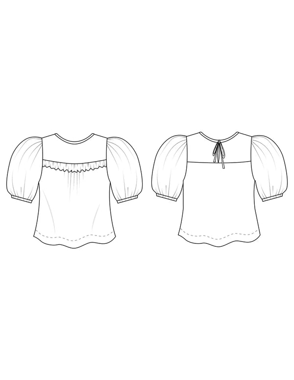 Sagebrush Top Sewing Pattern – puff sleeve blouse with back tie, beginner-friendly, XS-7X