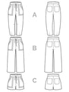 Line art of three pairs of pants made using Sepia Pants and Shorts sewing pattern labelled A, B, and C on a white background.