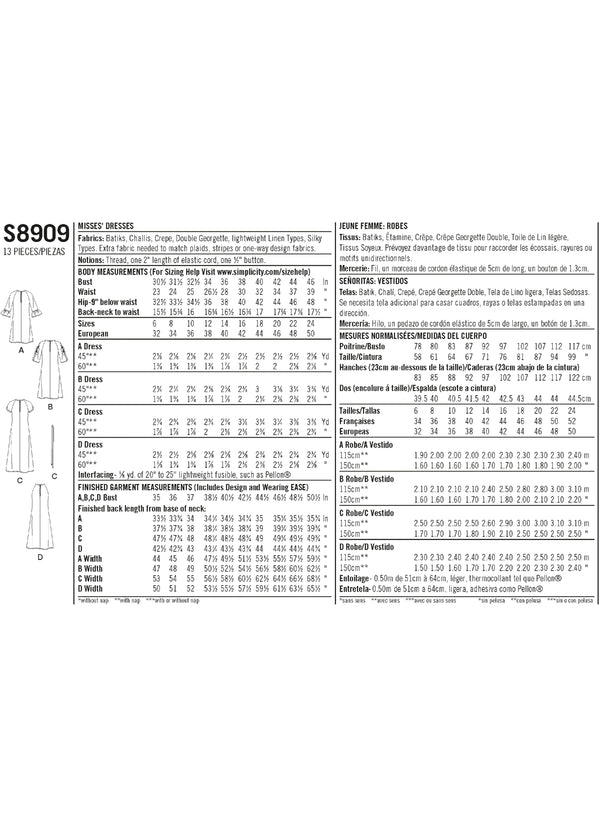 Simplicity Sewing Pattern S8909 for Misses' dresses in lightweight linen, crepe & silky fabrics