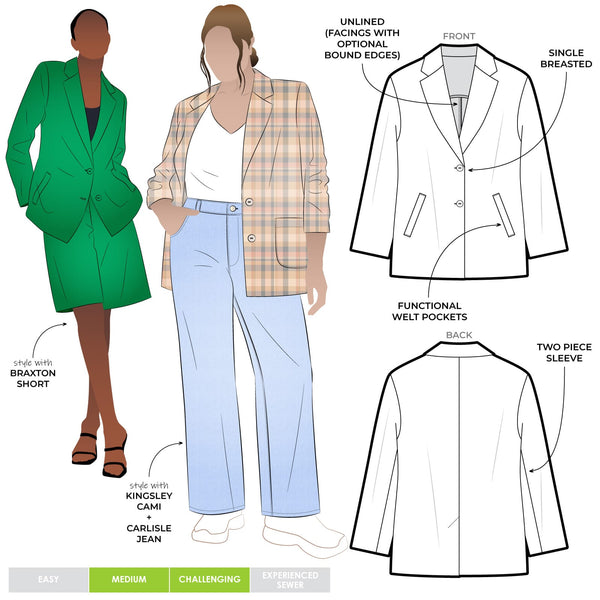 Sloane Woven Jacket Sewing Pattern – relaxed-fit single-breasted jacket with revere collar