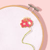 Embroidery hoop with pink floral design on white fabric against a pink background