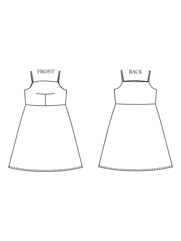 Black and white line art sewing pattern preview showing the front and back views of a sleeveless A-line dress with a small chest detail.