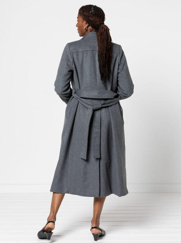 Stella Woven Coat Sewing Pattern - mid-length wrap coat with long sleeves, tie belt, revere and stand collar, fully lined, panelled back with yoke, in-seam pockets, and back vent