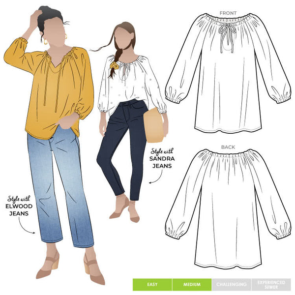 line art of Style Arc Anita Peasant Blouse Sewing Pattern with drawstring neck and raglan sleeves