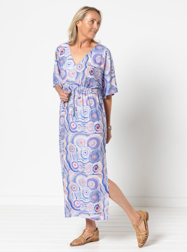 Summer coverup sewing pattern with V neck, wide sleeves, drawstring under bust, and short or long skirt options