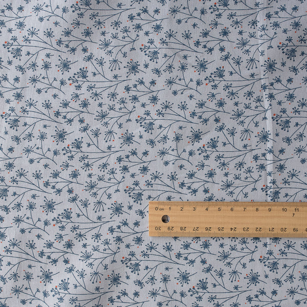 Teal Petal Dance linen fabric with teal floral print, dark orange dots, and grey background